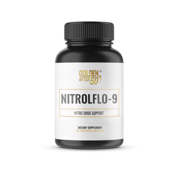 A bottle of NitrolFlo-9 by Golden After 50. Label reads: Nitric Oxide Support, dietary supplement, 60 vegetable capsules.